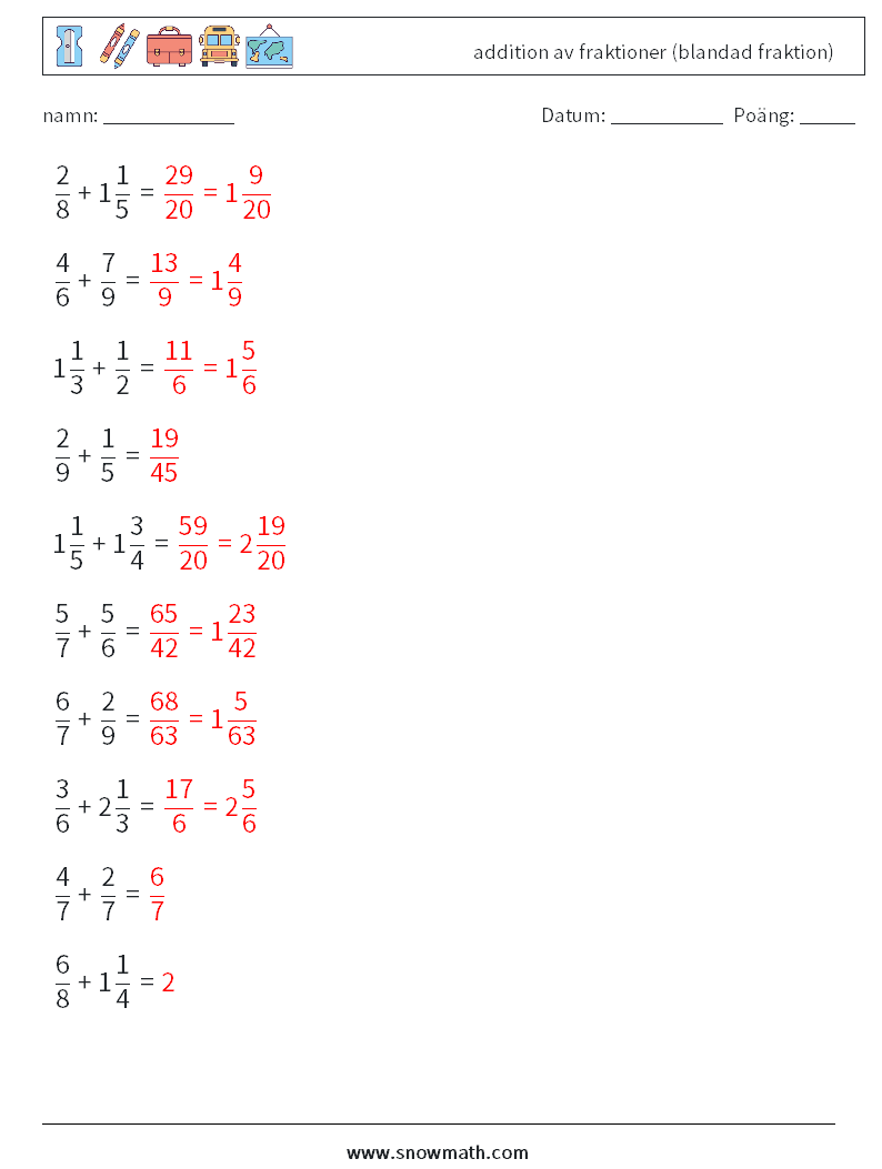 (10) addition av fraktioner (blandad fraktion) Matematiska arbetsblad 16 Fråga, svar