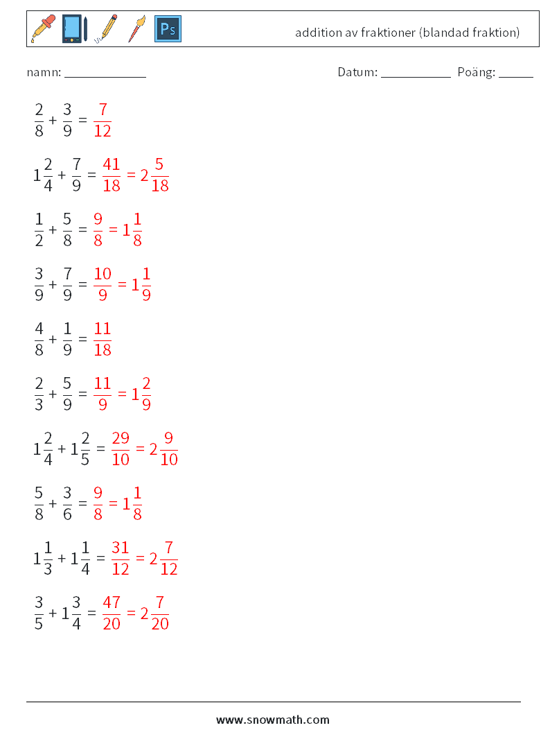 (10) addition av fraktioner (blandad fraktion) Matematiska arbetsblad 17 Fråga, svar