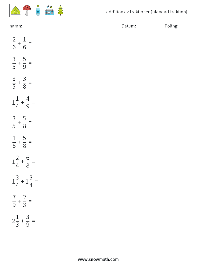 (10) addition av fraktioner (blandad fraktion) Matematiska arbetsblad 18