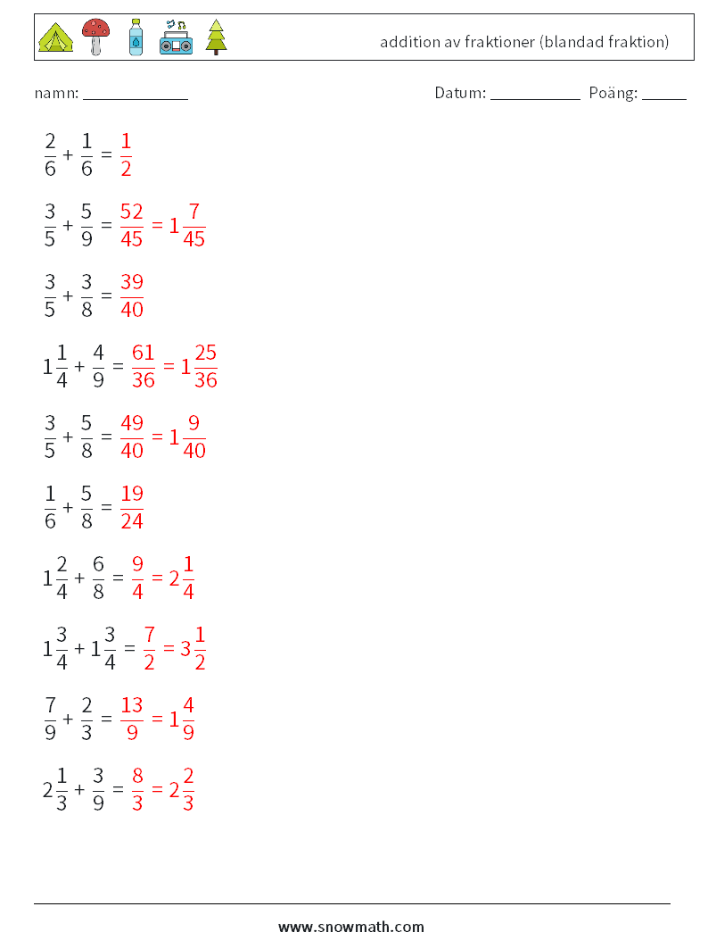 (10) addition av fraktioner (blandad fraktion) Matematiska arbetsblad 18 Fråga, svar