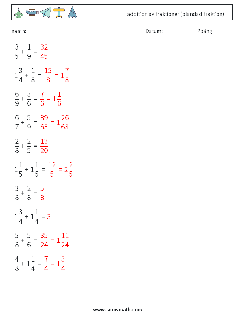 (10) addition av fraktioner (blandad fraktion) Matematiska arbetsblad 1 Fråga, svar