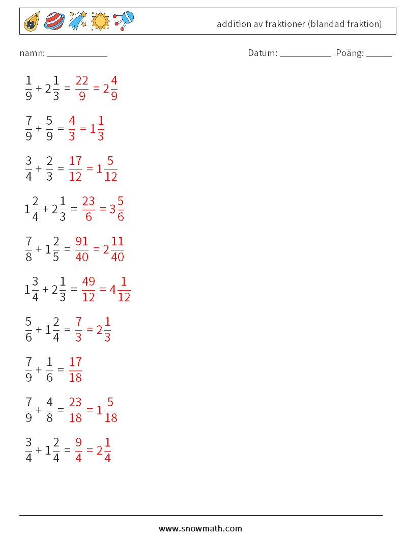 (10) addition av fraktioner (blandad fraktion) Matematiska arbetsblad 2 Fråga, svar