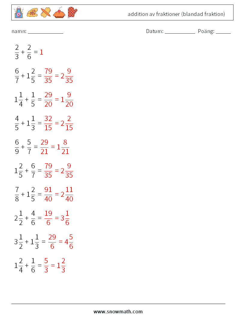 (10) addition av fraktioner (blandad fraktion) Matematiska arbetsblad 3 Fråga, svar