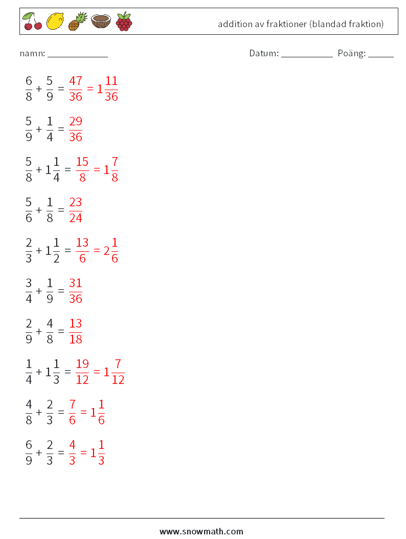 (10) addition av fraktioner (blandad fraktion) Matematiska arbetsblad 8 Fråga, svar