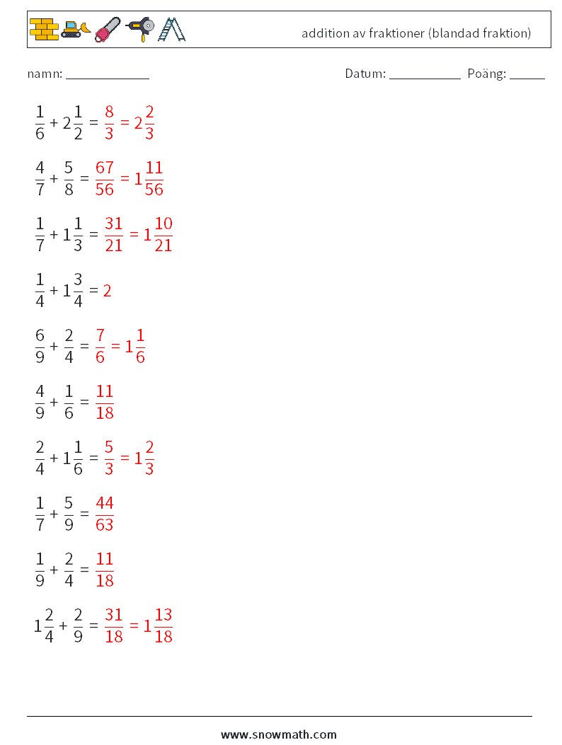 (10) addition av fraktioner (blandad fraktion) Matematiska arbetsblad 9 Fråga, svar