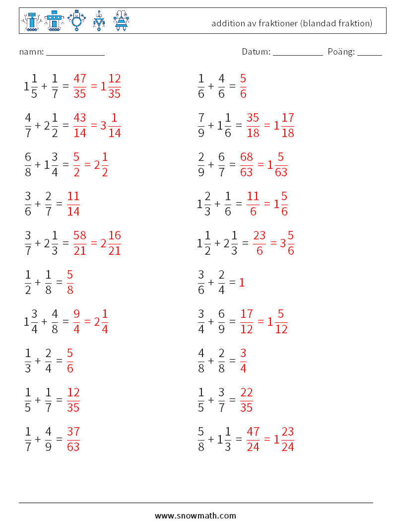 (20) addition av fraktioner (blandad fraktion) Matematiska arbetsblad 10 Fråga, svar