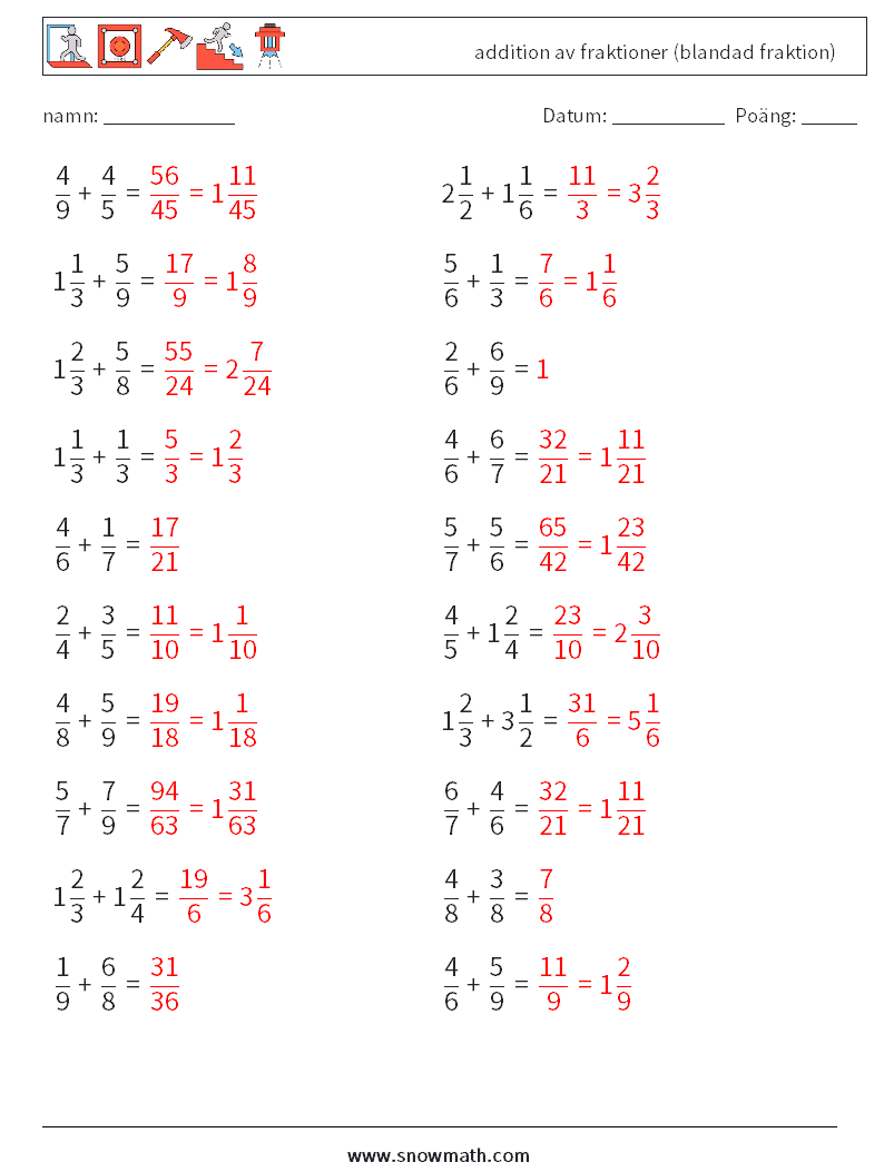 (20) addition av fraktioner (blandad fraktion) Matematiska arbetsblad 11 Fråga, svar