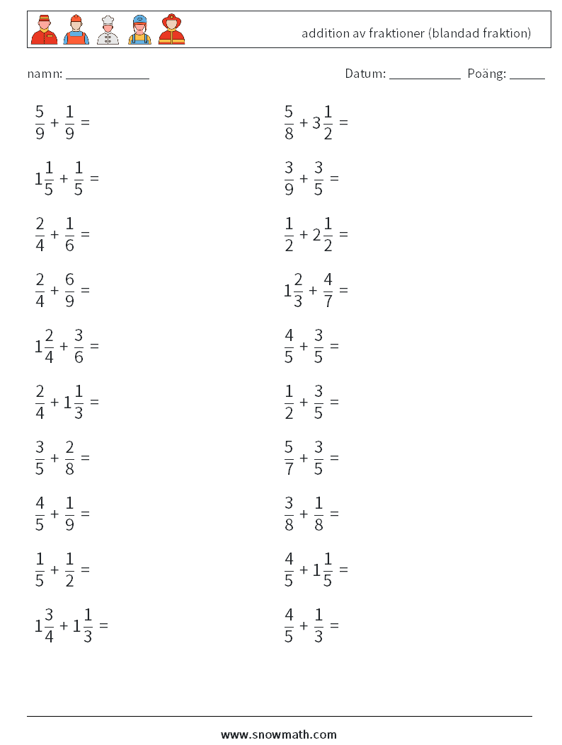 (20) addition av fraktioner (blandad fraktion) Matematiska arbetsblad 12