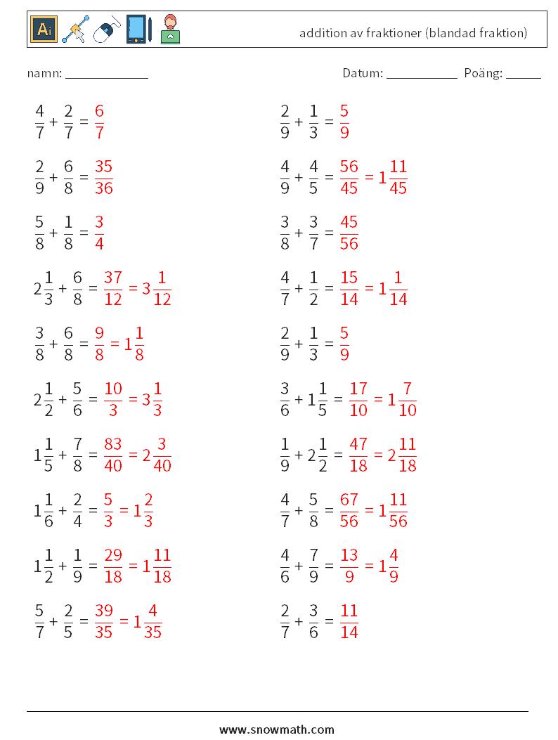 (20) addition av fraktioner (blandad fraktion) Matematiska arbetsblad 13 Fråga, svar