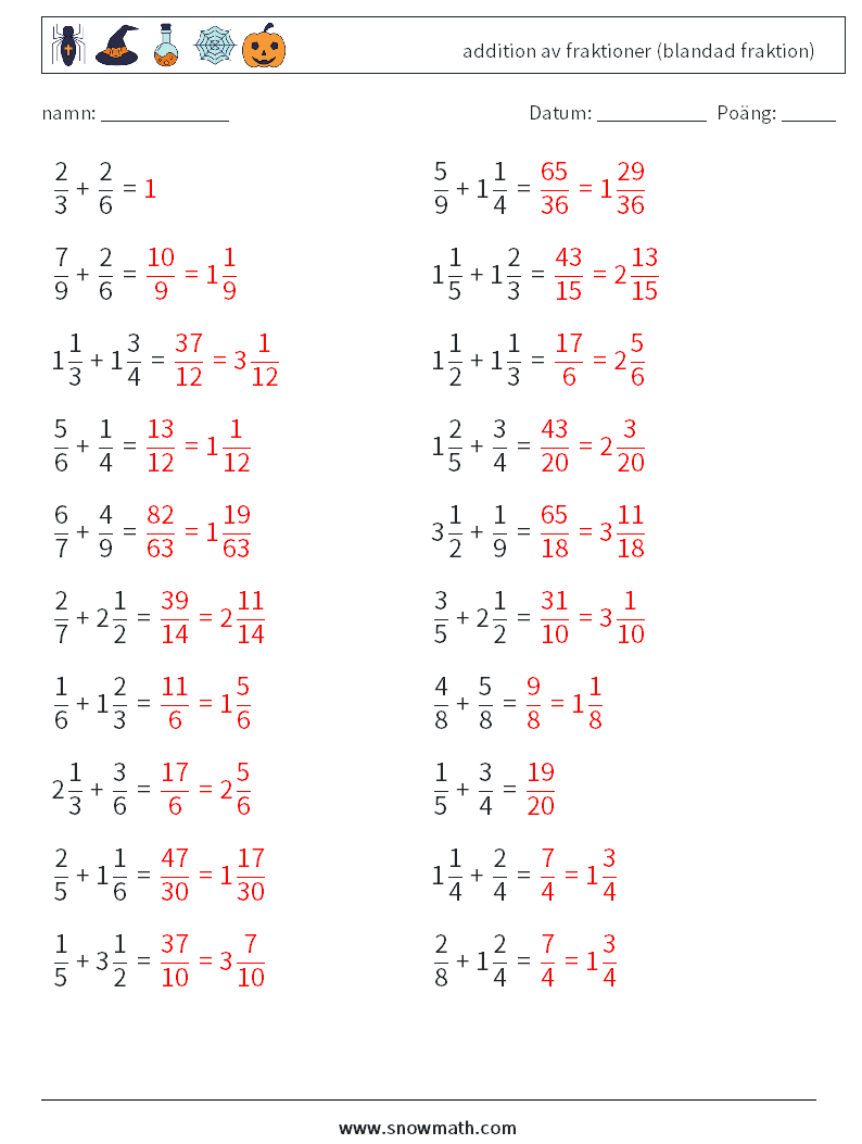 (20) addition av fraktioner (blandad fraktion) Matematiska arbetsblad 14 Fråga, svar
