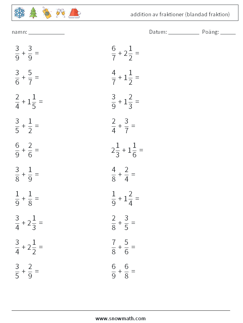 (20) addition av fraktioner (blandad fraktion) Matematiska arbetsblad 15