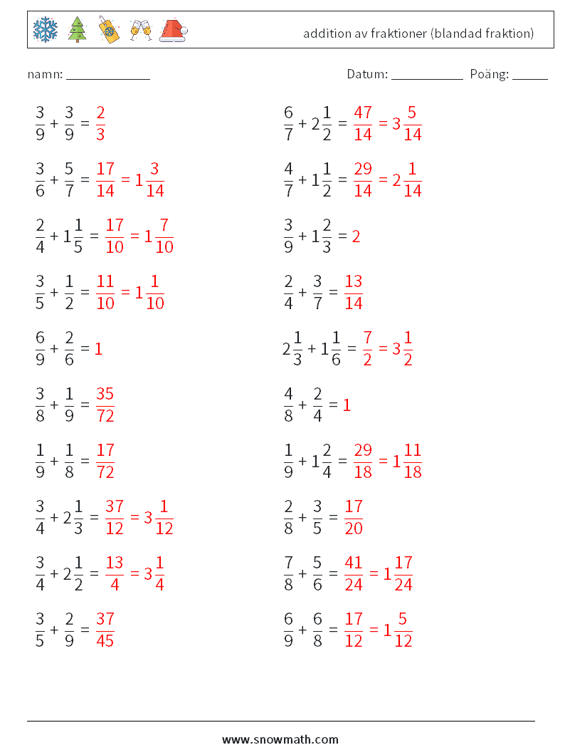 (20) addition av fraktioner (blandad fraktion) Matematiska arbetsblad 15 Fråga, svar
