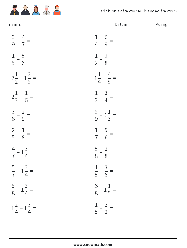 (20) addition av fraktioner (blandad fraktion) Matematiska arbetsblad 17