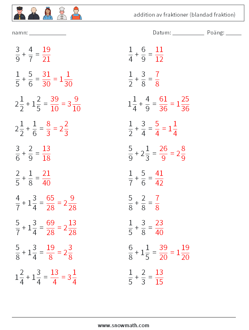 (20) addition av fraktioner (blandad fraktion) Matematiska arbetsblad 17 Fråga, svar