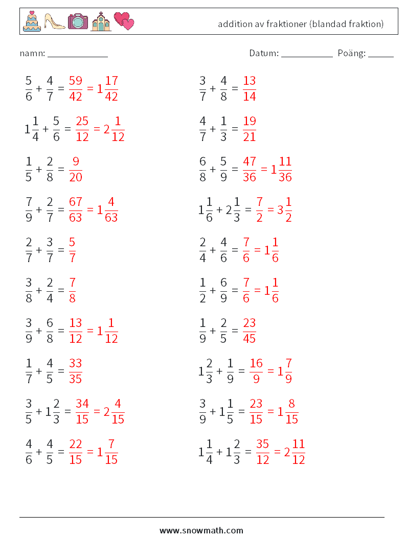 (20) addition av fraktioner (blandad fraktion) Matematiska arbetsblad 18 Fråga, svar