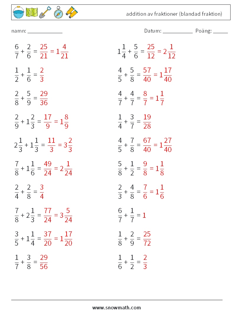 (20) addition av fraktioner (blandad fraktion) Matematiska arbetsblad 1 Fråga, svar