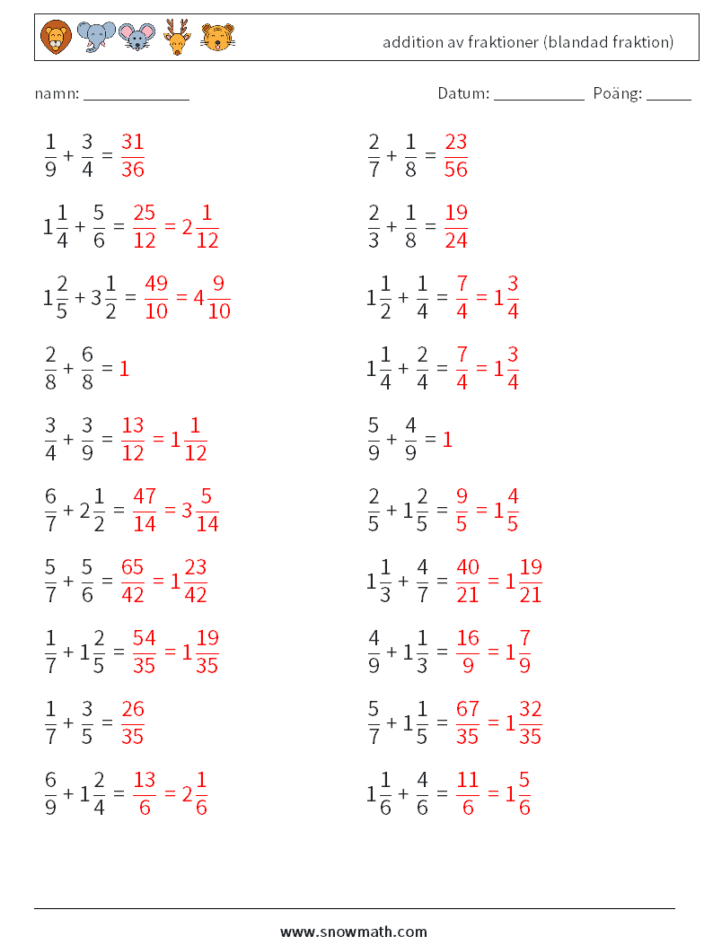 (20) addition av fraktioner (blandad fraktion) Matematiska arbetsblad 2 Fråga, svar
