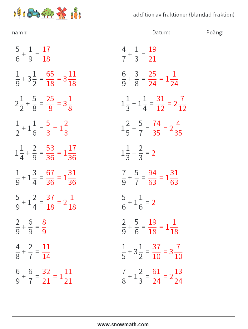 (20) addition av fraktioner (blandad fraktion) Matematiska arbetsblad 3 Fråga, svar
