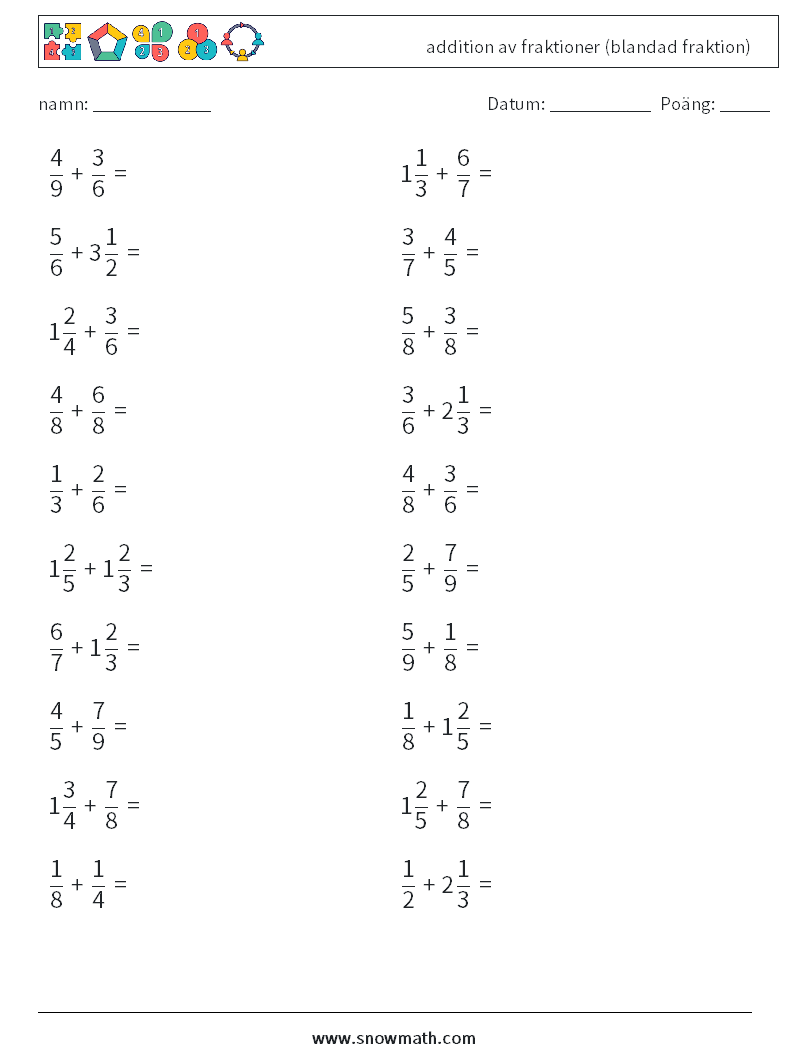 (20) addition av fraktioner (blandad fraktion) Matematiska arbetsblad 5