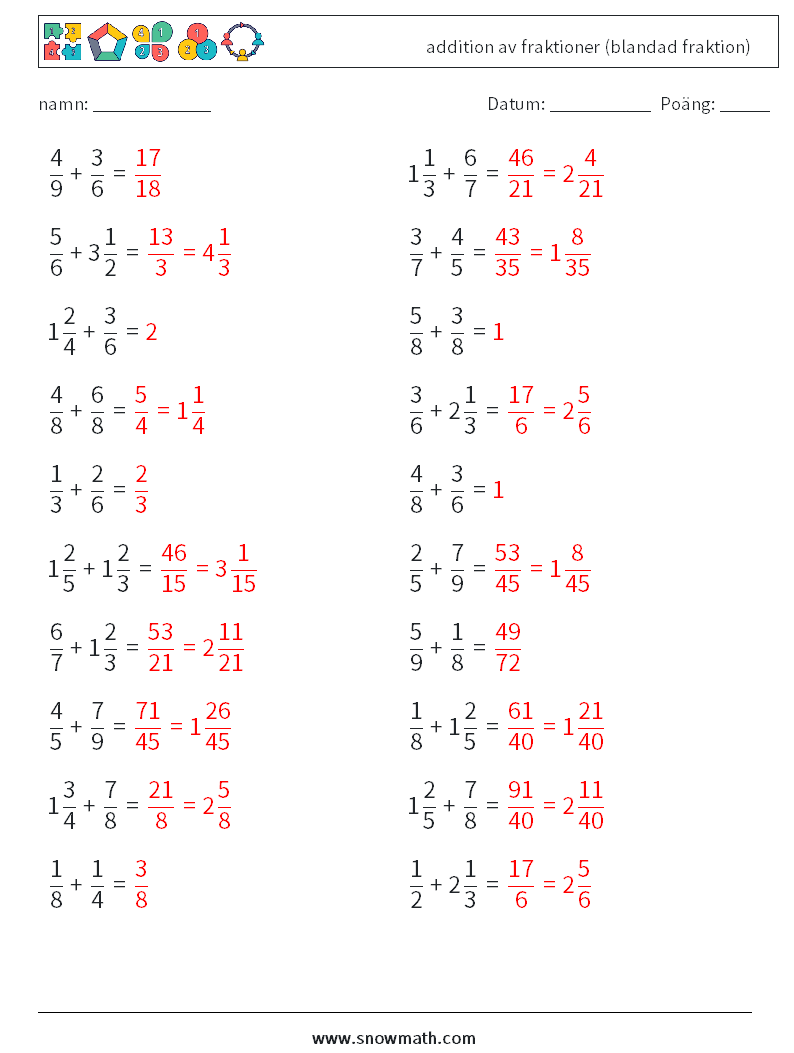 (20) addition av fraktioner (blandad fraktion) Matematiska arbetsblad 5 Fråga, svar