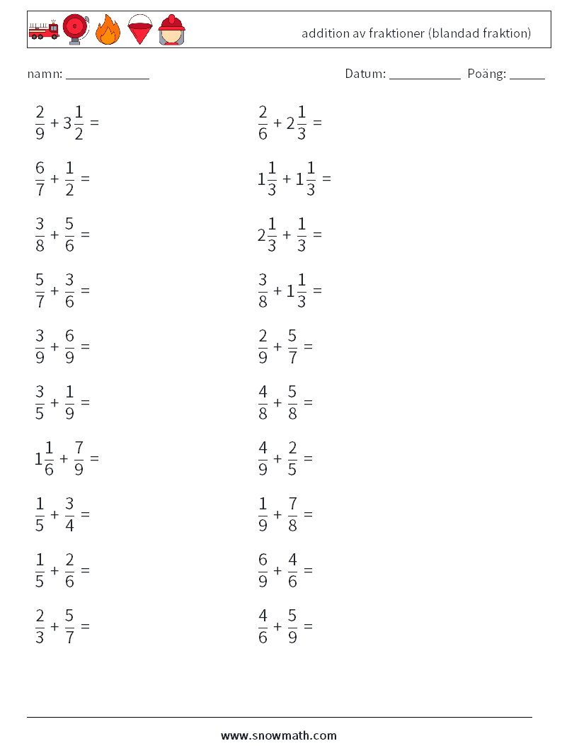 (20) addition av fraktioner (blandad fraktion) Matematiska arbetsblad 6
