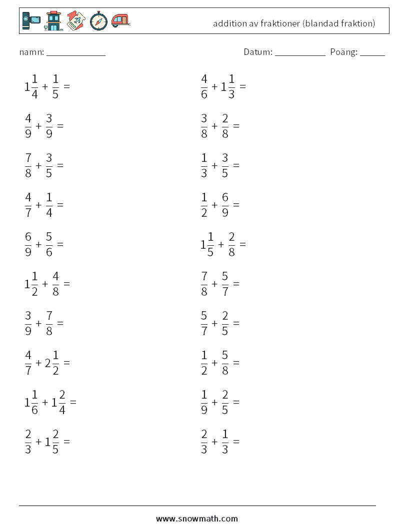 (20) addition av fraktioner (blandad fraktion) Matematiska arbetsblad 7