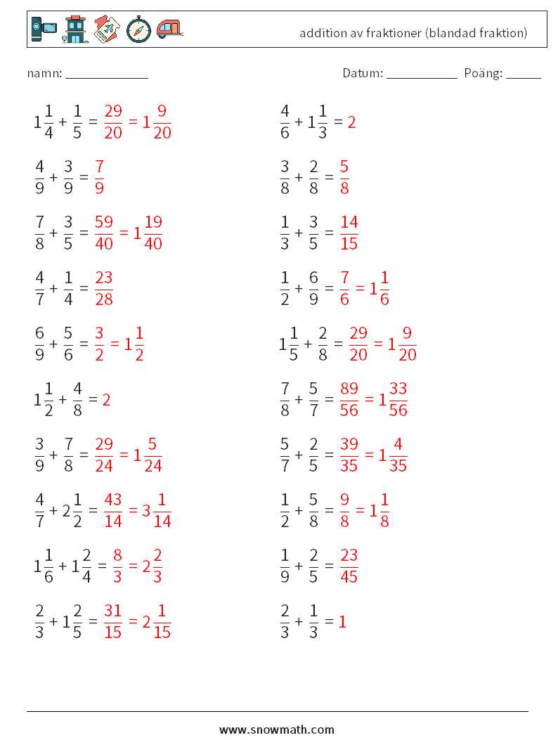 (20) addition av fraktioner (blandad fraktion) Matematiska arbetsblad 7 Fråga, svar