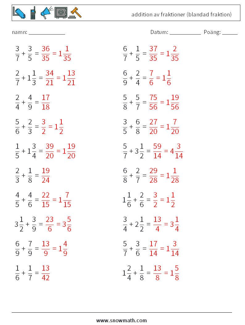 (20) addition av fraktioner (blandad fraktion) Matematiska arbetsblad 9 Fråga, svar