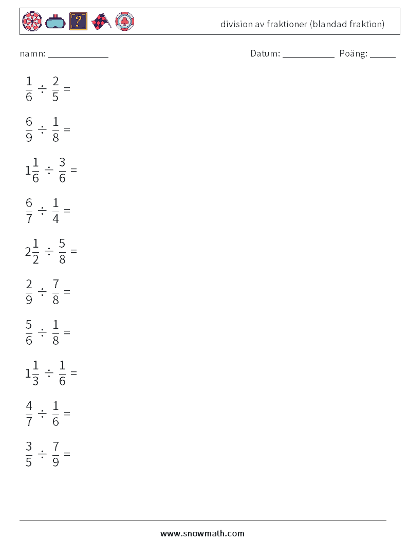(10) division av fraktioner (blandad fraktion) Matematiska arbetsblad 12