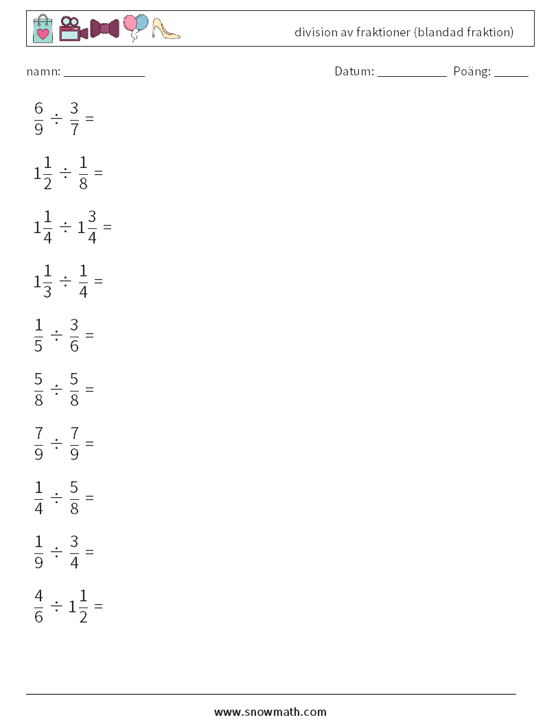 (10) division av fraktioner (blandad fraktion) Matematiska arbetsblad 16