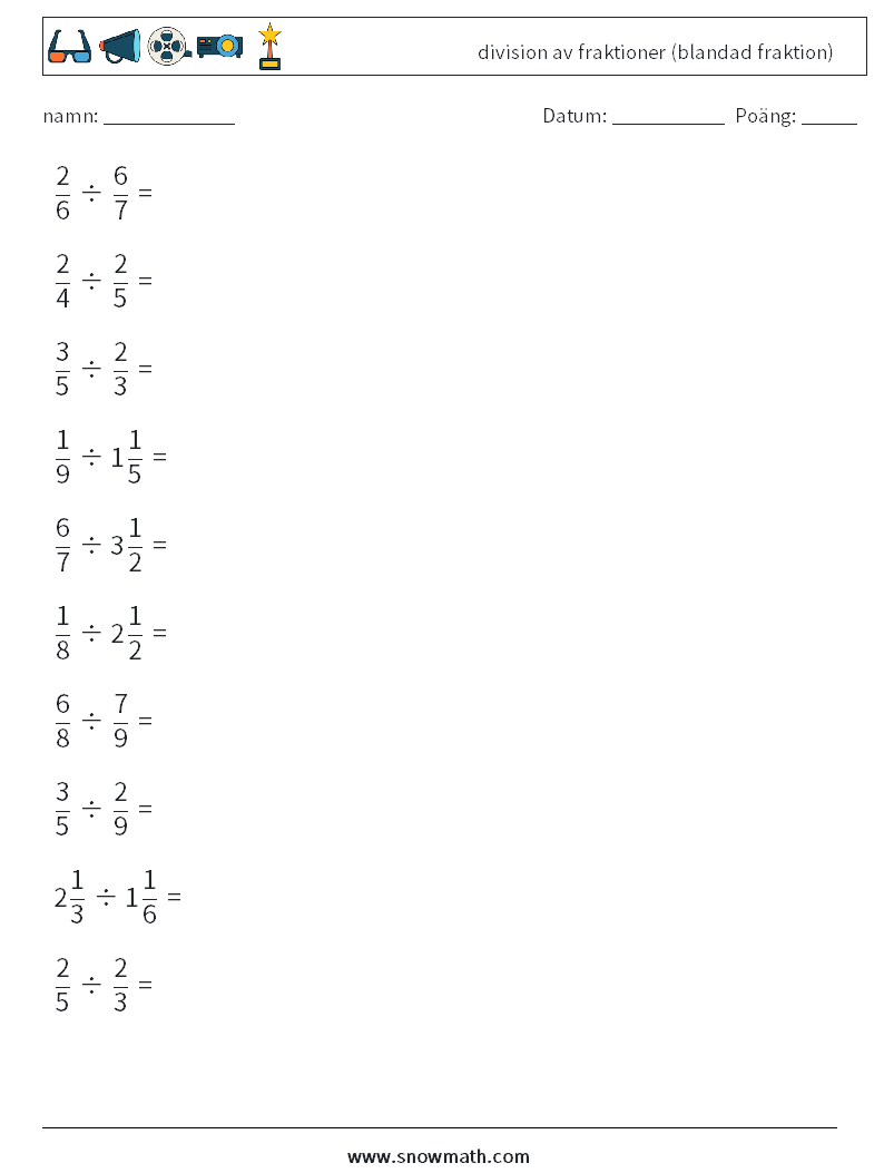 (10) division av fraktioner (blandad fraktion) Matematiska arbetsblad 17