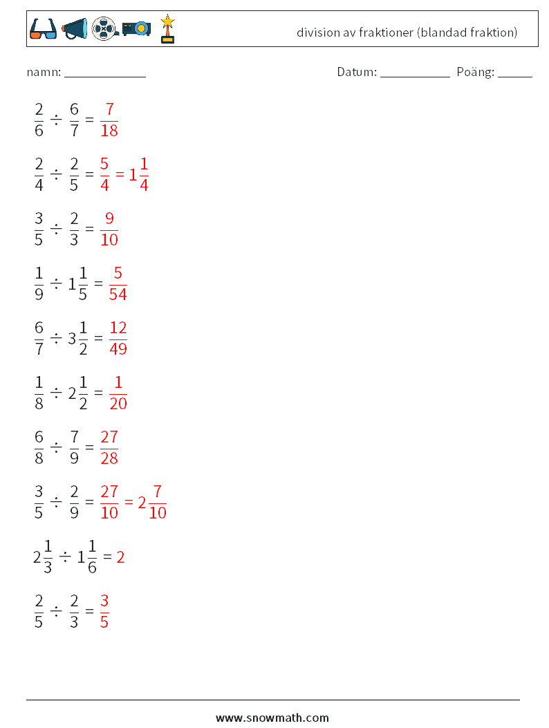 (10) division av fraktioner (blandad fraktion) Matematiska arbetsblad 17 Fråga, svar