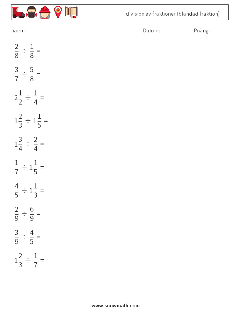 (10) division av fraktioner (blandad fraktion) Matematiska arbetsblad 18
