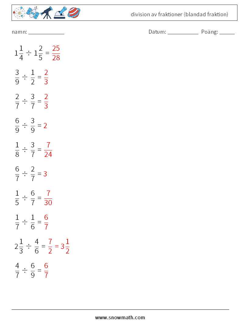 (10) division av fraktioner (blandad fraktion) Matematiska arbetsblad 2 Fråga, svar