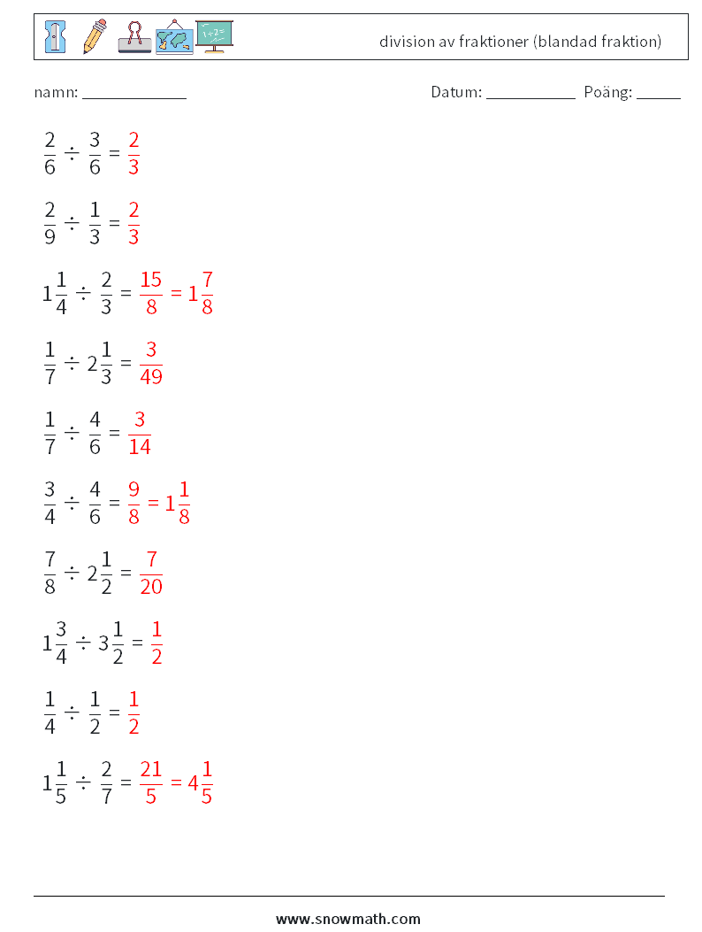(10) division av fraktioner (blandad fraktion) Matematiska arbetsblad 3 Fråga, svar