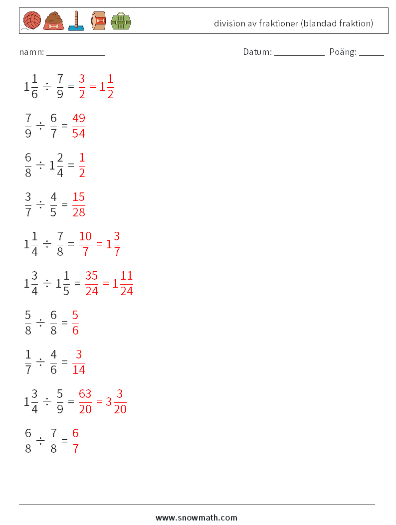 (10) division av fraktioner (blandad fraktion) Matematiska arbetsblad 4 Fråga, svar