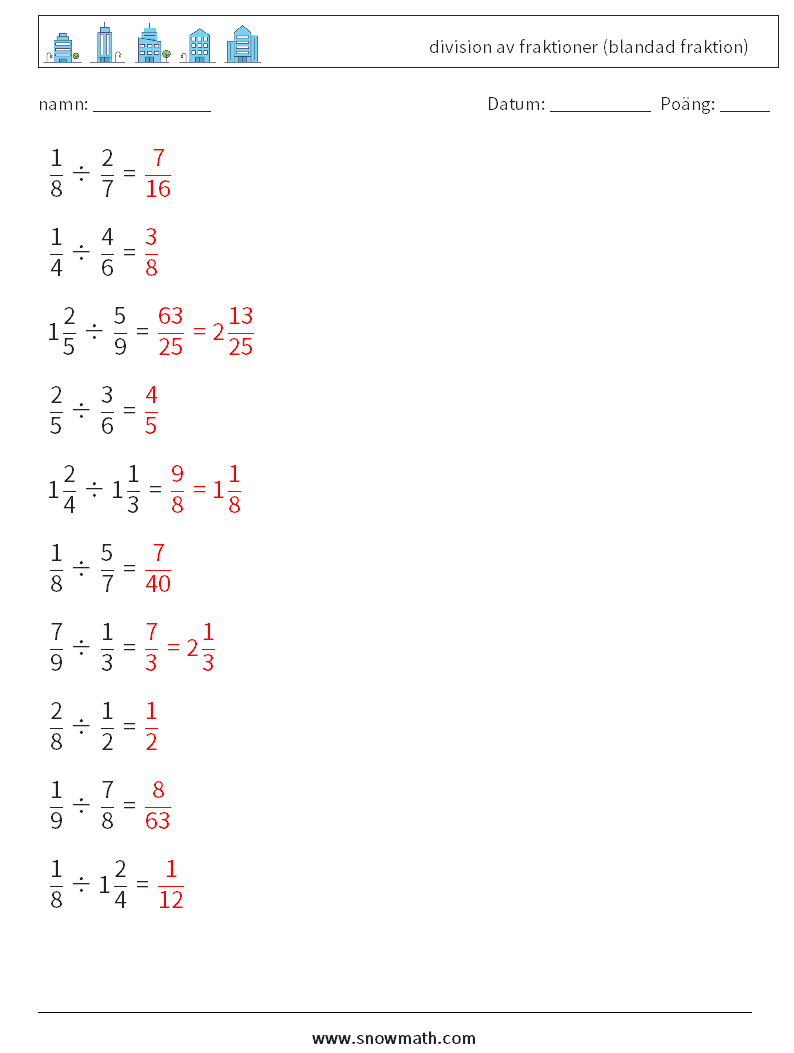 (10) division av fraktioner (blandad fraktion) Matematiska arbetsblad 5 Fråga, svar