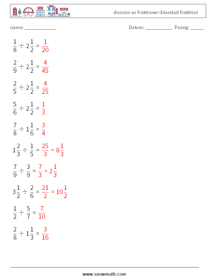 (10) division av fraktioner (blandad fraktion) Matematiska arbetsblad 7 Fråga, svar