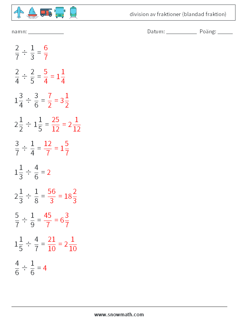 (10) division av fraktioner (blandad fraktion) Matematiska arbetsblad 8 Fråga, svar