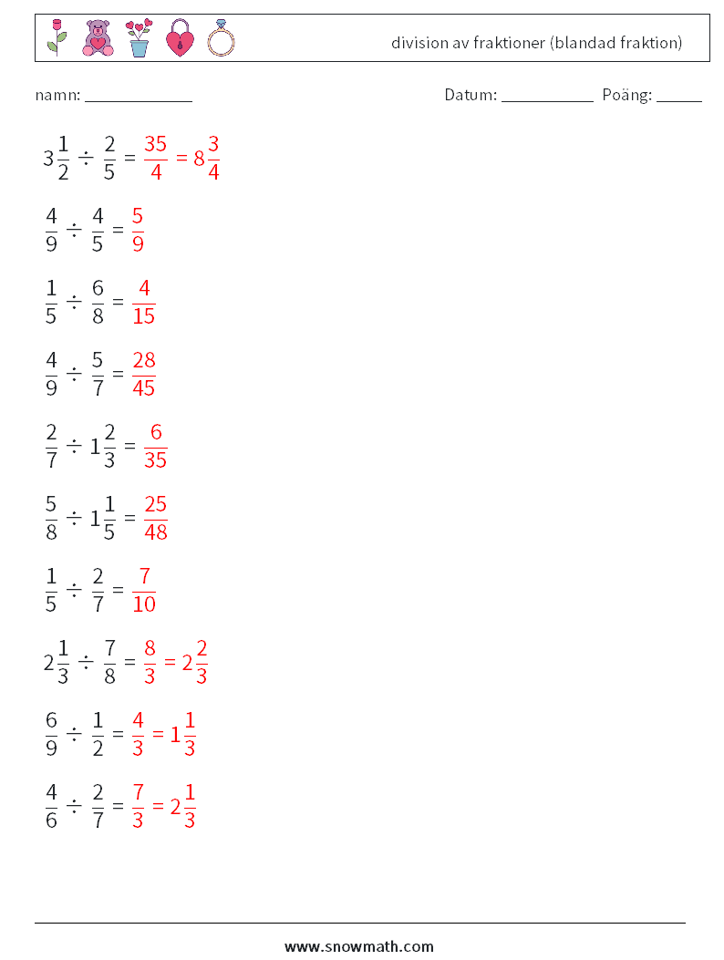 (10) division av fraktioner (blandad fraktion) Matematiska arbetsblad 9 Fråga, svar