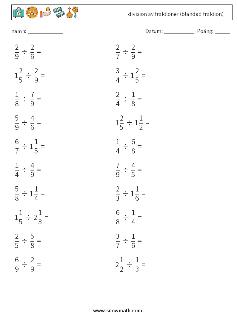 (20) division av fraktioner (blandad fraktion) Matematiska arbetsblad 10