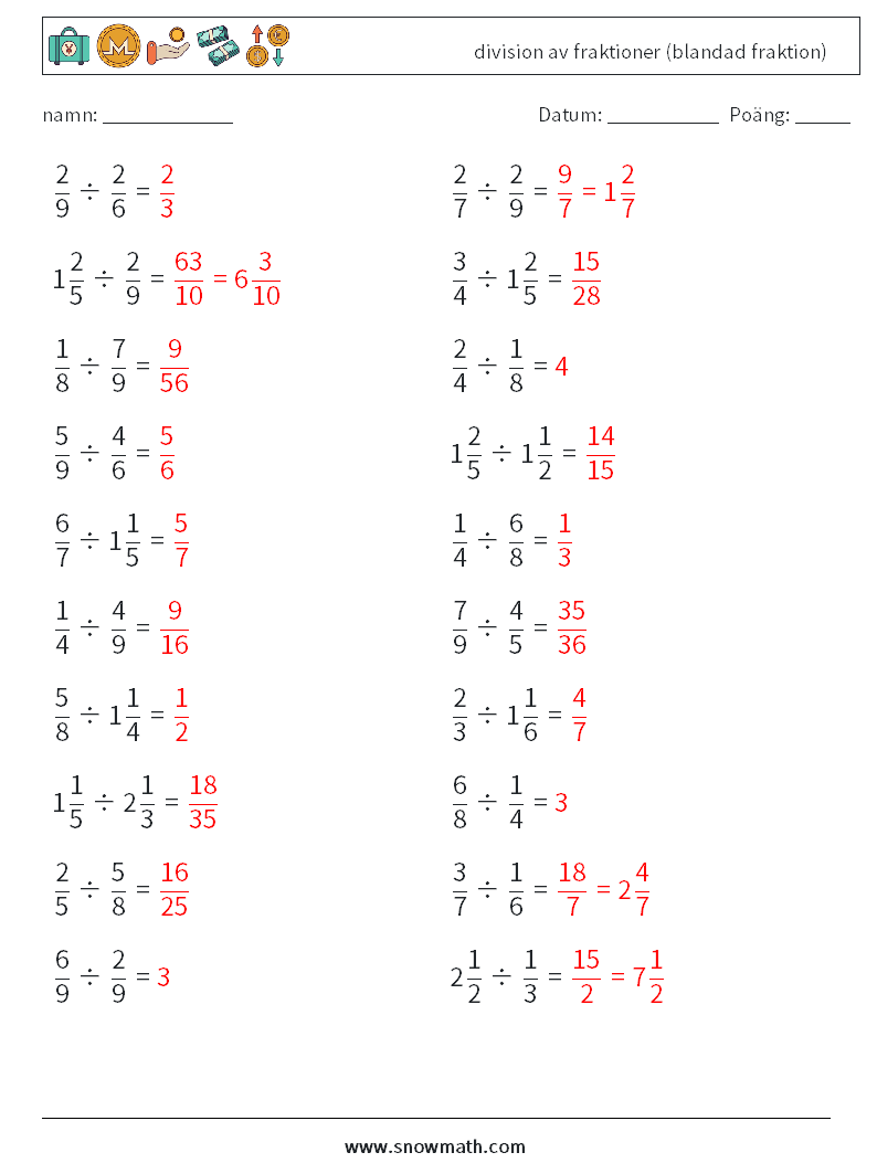(20) division av fraktioner (blandad fraktion) Matematiska arbetsblad 10 Fråga, svar
