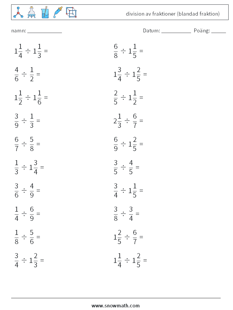 (20) division av fraktioner (blandad fraktion) Matematiska arbetsblad 11