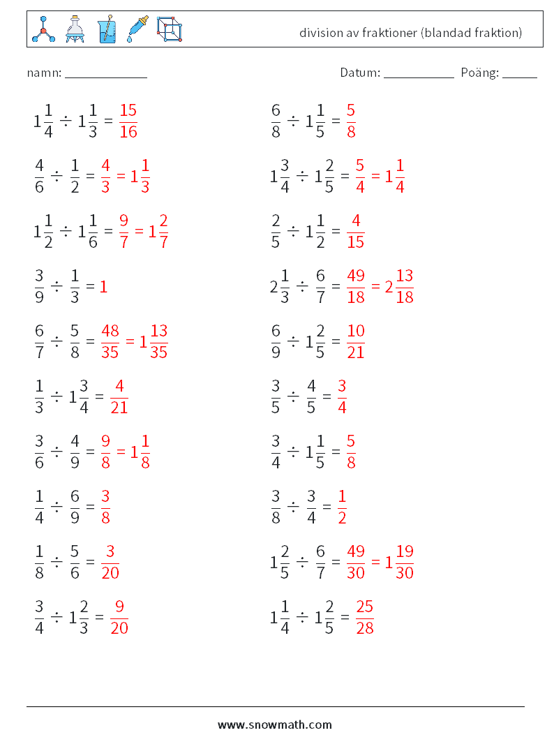 (20) division av fraktioner (blandad fraktion) Matematiska arbetsblad 11 Fråga, svar