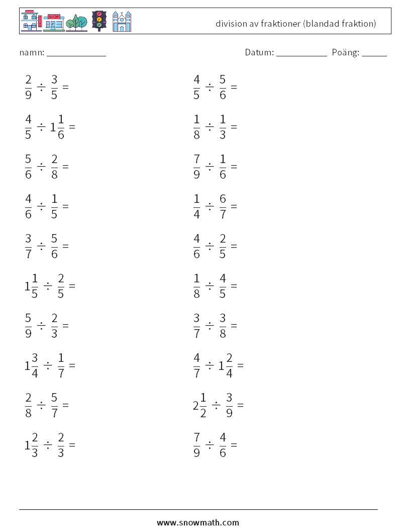 (20) division av fraktioner (blandad fraktion) Matematiska arbetsblad 12