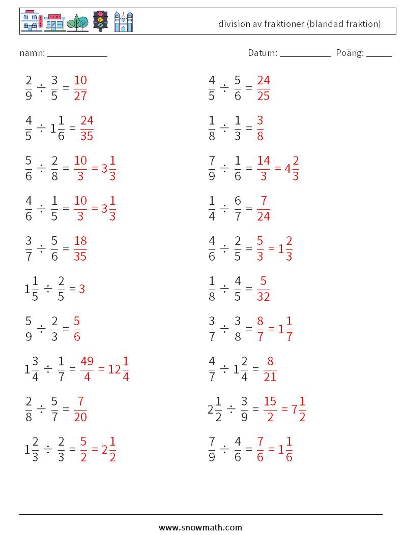 (20) division av fraktioner (blandad fraktion) Matematiska arbetsblad 12 Fråga, svar
