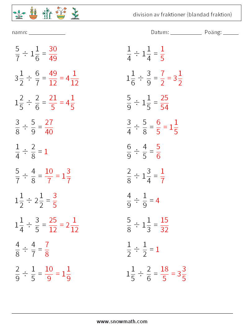 (20) division av fraktioner (blandad fraktion) Matematiska arbetsblad 13 Fråga, svar
