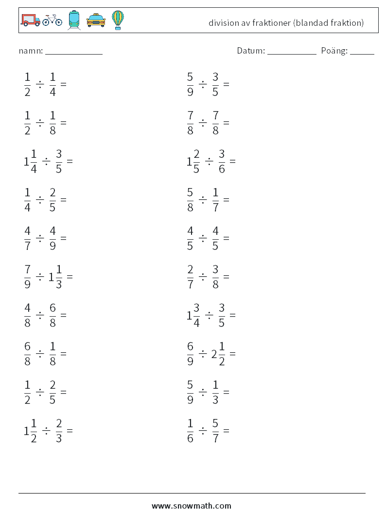 (20) division av fraktioner (blandad fraktion) Matematiska arbetsblad 14