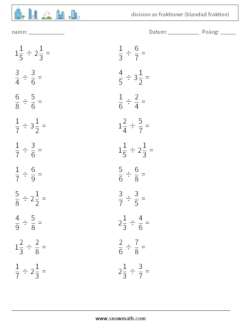 (20) division av fraktioner (blandad fraktion) Matematiska arbetsblad 15