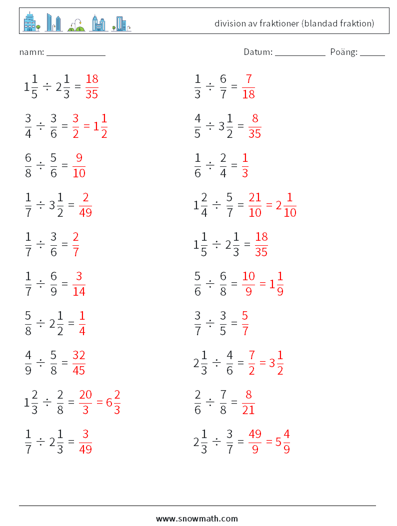 (20) division av fraktioner (blandad fraktion) Matematiska arbetsblad 15 Fråga, svar